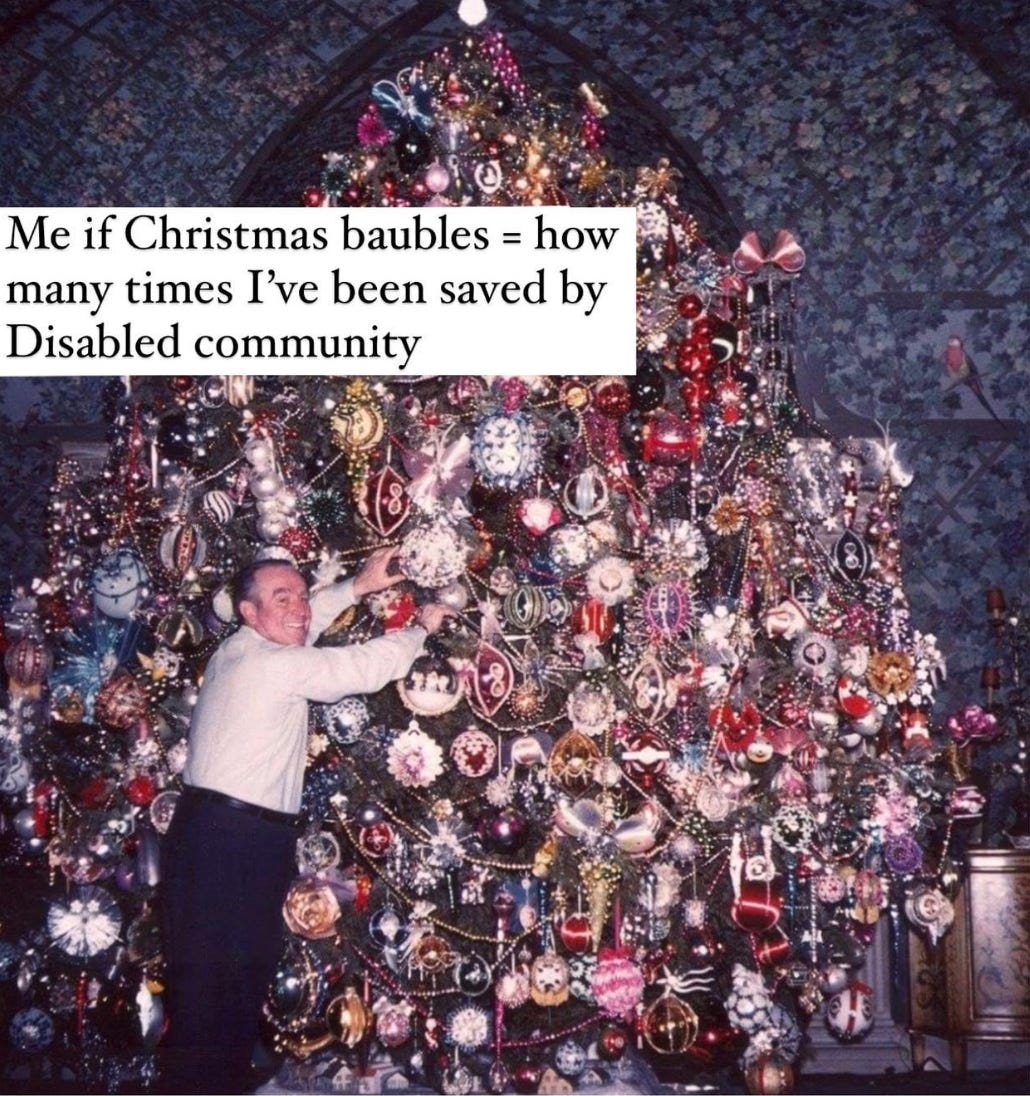 A photo of Harold Lloyd with his incredible giant year round tree with hundreds of ornaments. “Me if Christmas baubles = how many times I've been saved byDisabled community”