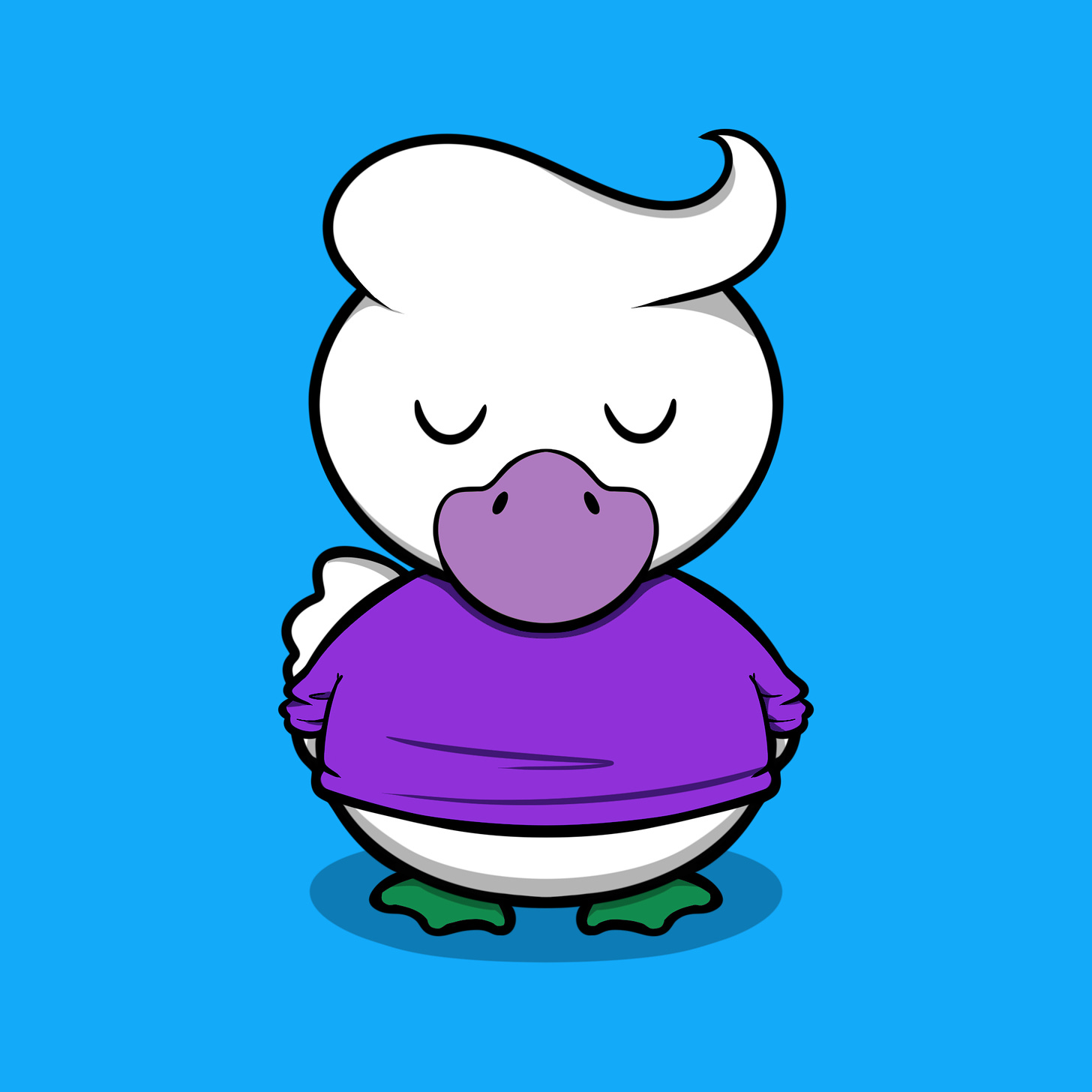 A purple-shirted duck on a blue background.