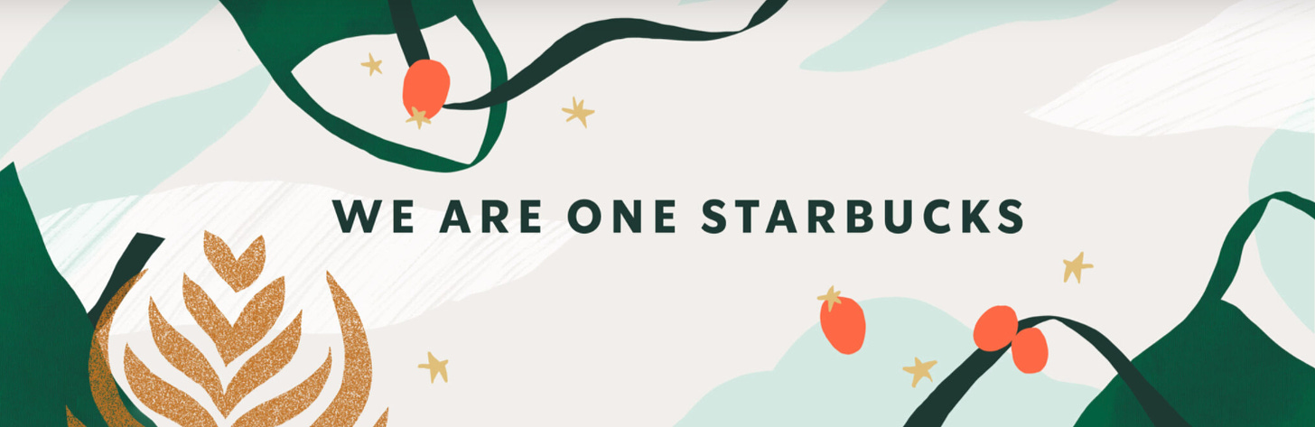 graphic depicting green aprons floating with stars and pumpkins with text reading "we are one starbucks"
