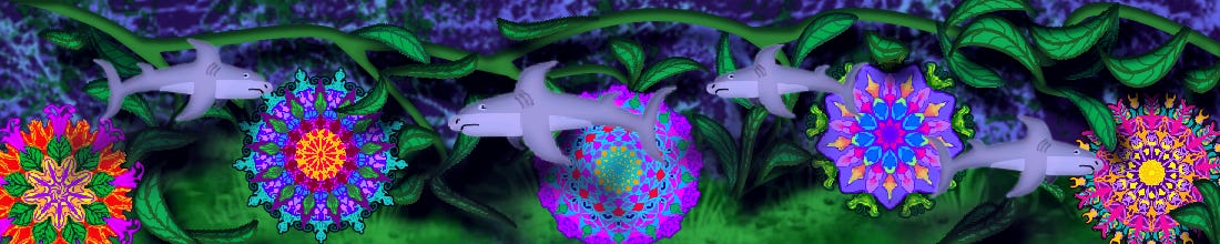 A non-realistic scene that blends a wild garden and an underwater landscape.  There are four sharks and five giant colorful flowers.  The sharks are swimming around the flowers.
