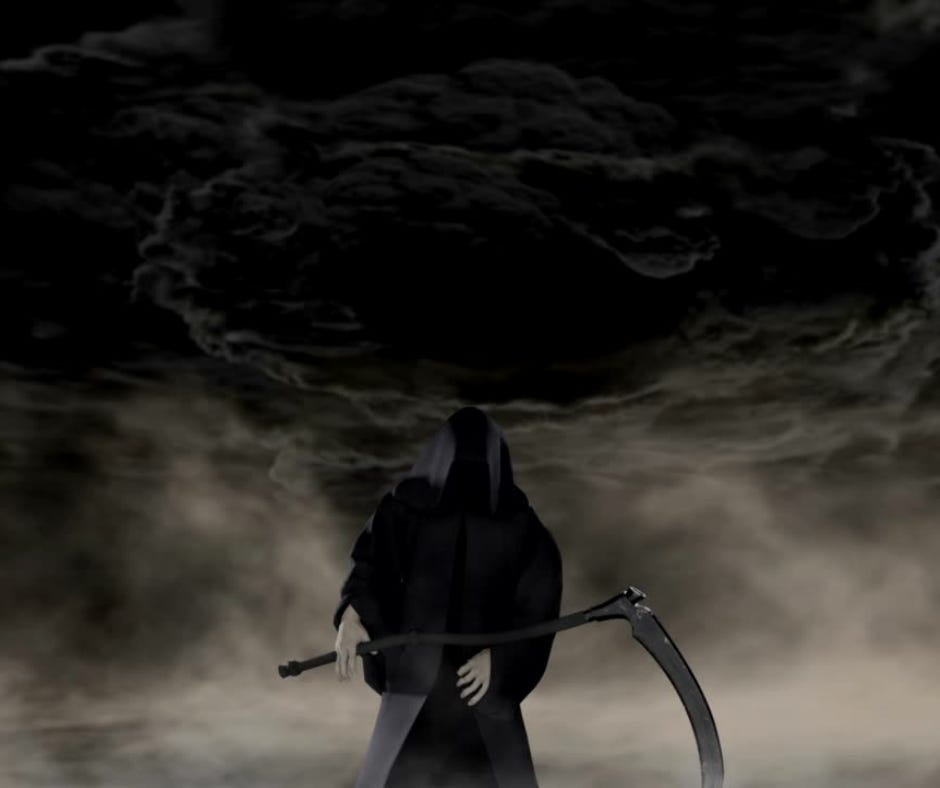  The image shows a black figure holding a strange long distorted L-shaped weapon in hand. The fierce sky appears in the background. The image is part of the article titled “Can Astrology predict age of my child?” authored by Anish Prasad and published at https://rationalastro.org