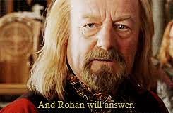 Screenshot of Theoden from Lord of the Rings with the text "And Rohan will answer"