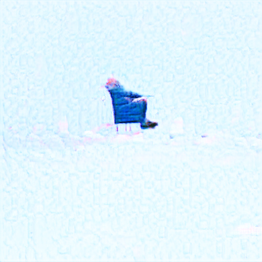Off in the distance among snowlike white is a bald whitehaired man sitting in a chair with his hands on his lap. It might plausibly be the famous Bernie with Mittens meme but sideways, but it's a bit hard to tell because it's so small and far away.