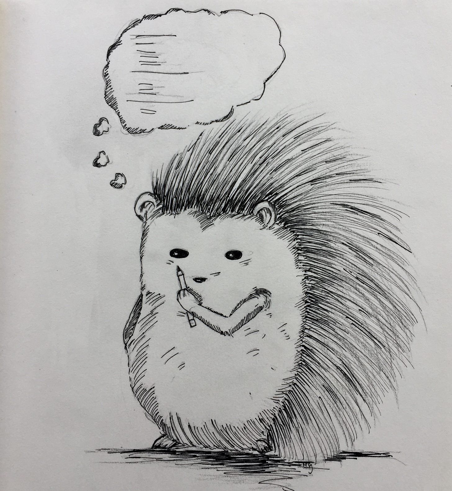 Ink and pencil drawing of a porcupine holding a pencil, with a thought bubble above his head. A cartoon porcupine