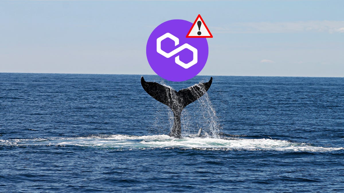 whale diving into the ocean with MATIC logo and an alert sign