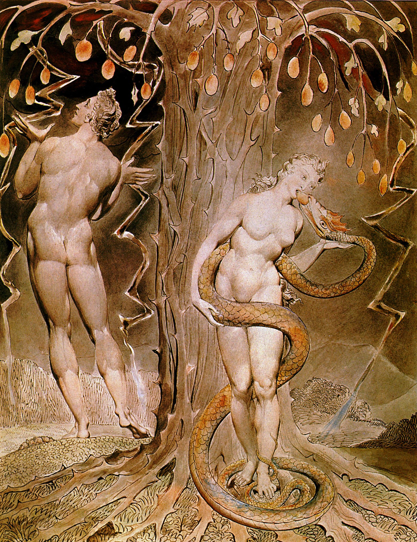 Painting of Adam and Eve by the tree of knowledge, standing naked, as the serpent places an apple in Eve's mouth.