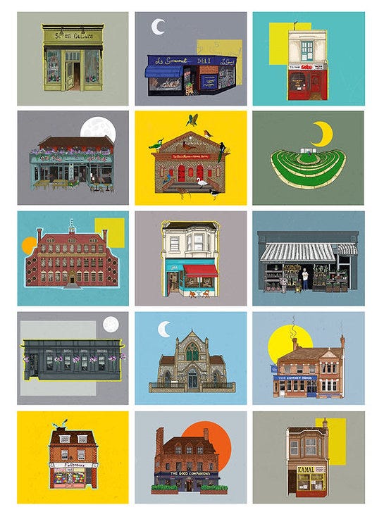 A grid of 15 illustrations of buildings in the seven dials area of brighton, UK, in a screenprint style by the artist Keziah Furini