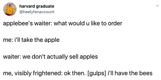 Screenshot of a funny tweet about applebees