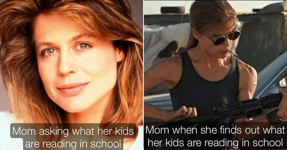 May be an image of 2 people and text that says 'Mom asking what her kids are reading in school Mom when she finds out what her kids are reading in school'