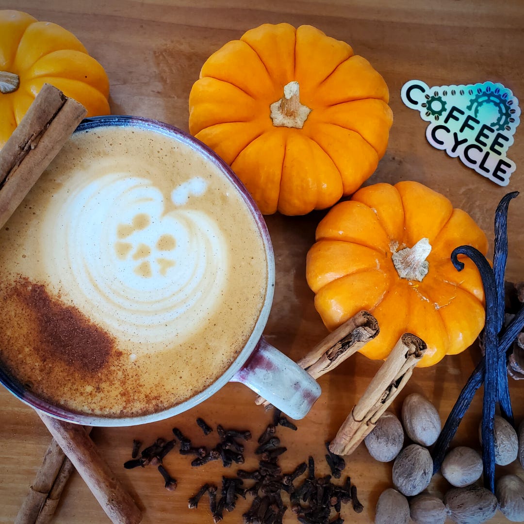 Top down photo of a latte in a coffee mug. Latte art of a jack-o-lantern has a sprinkle of cinnamon over the top. A cinnamon stick sits on the edge of the mug. Three mini-pumpkins surround the mug and a sticker advertising the coffee shop says, Coffee Cycle in the upper right of the frame.