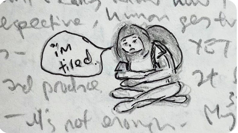 Image: a doodle in a journal entry with scrawly pencil writing. There’s a downcast, tired girl with a bob hair cut sitting cross-legged, arms folded across her chest,  she’s carrying a heavy-looking bag pack on her shoulders which seems to weigh her down.