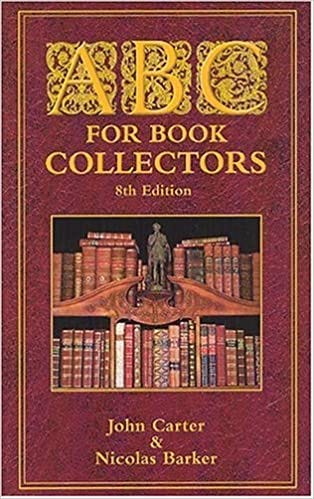The cover of ABC for book collectors by John Carter. Red cover with ornate yellow lettering, and the image of a bookshelf filled with books bound in leather.