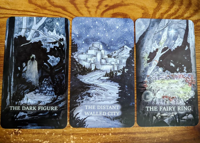 an oracle reading from The Endless Oracle deck: The Dark Figure, The Distant Walled City, The Fairy Ring.