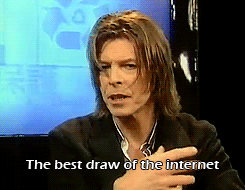 A looping animated gif of David Bowie on a talk show saying "the best draw of the internet" with a closed caption of those words on the bottom