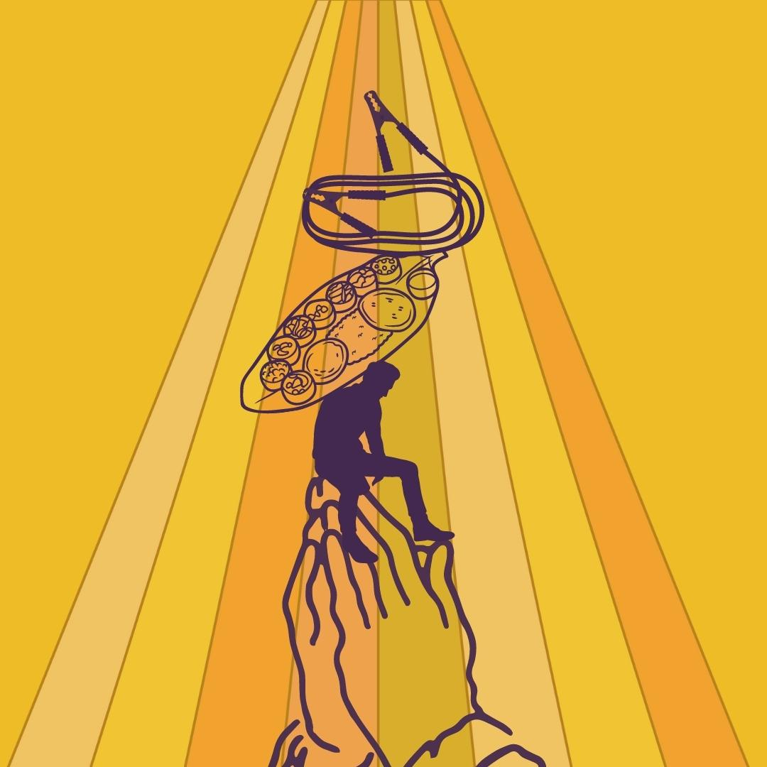 A vertical illustration from bottom to top: praying hands, a man sitting on the hands, indian food on top of him and jumper cables at the top. Colored rays with shades of beige, yellow, orange on the background.