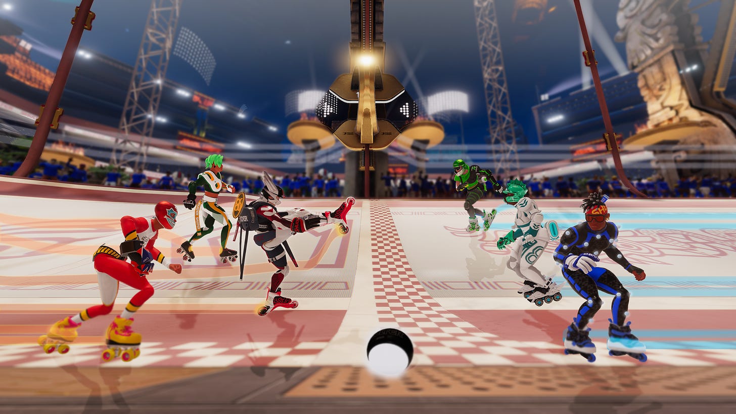 Six brightly coloured characters wearing roller skates face off near a start line in an arena.