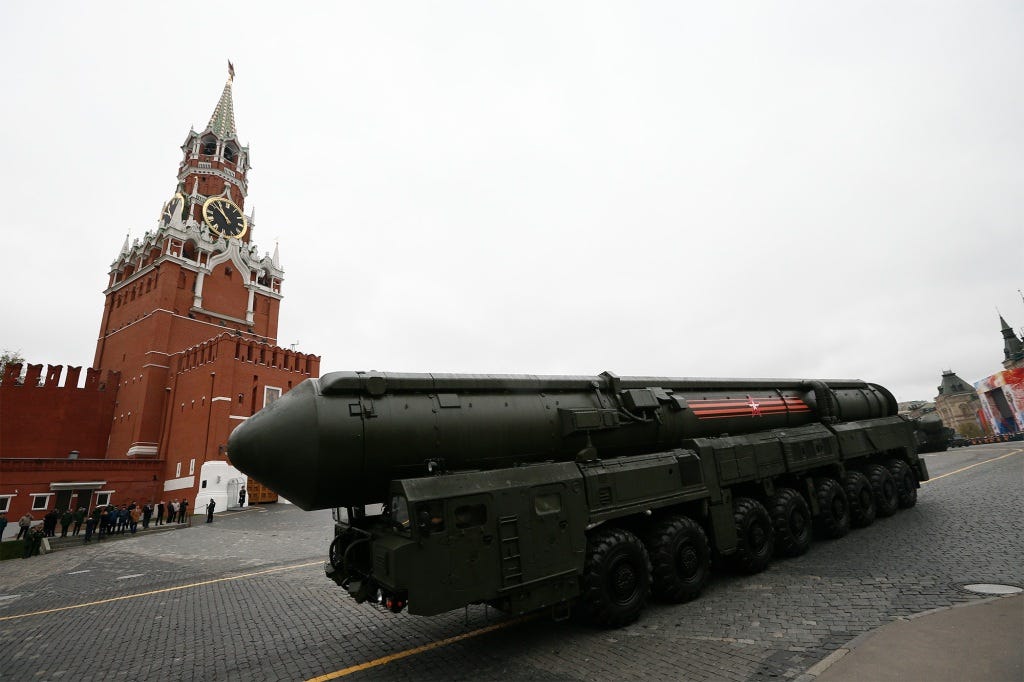 A Russian intercontinental ballistic missile launcher in a Victory Day parade in 2017. Russia's nuclear arsenal includes more than 2,000 tactical nuclear warheads.