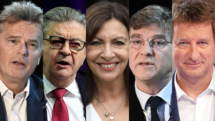 Les cinq candidats déclarés à gauche pour l'élection présidentielle de 2022 : Fabien Roussel (PCF), Jean-Luc Mélenchon (LFI), Anne Hidalgo (PS), Arnaud Montebourg et Yannick Jadot (EELV). (AFP)