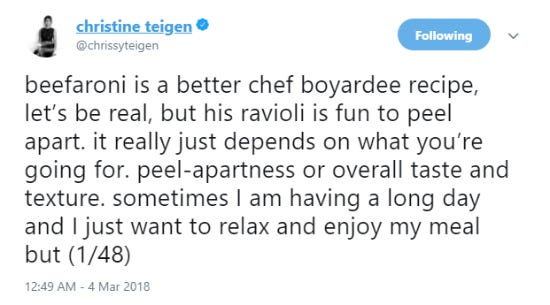 Screenshot of a funny tweet about pasta