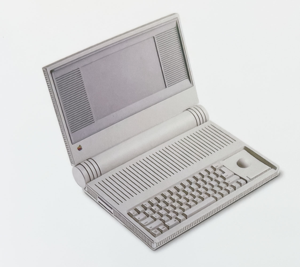 A prototype design for a clamshell laptop Mac with a small LCD screen and integrated trackball