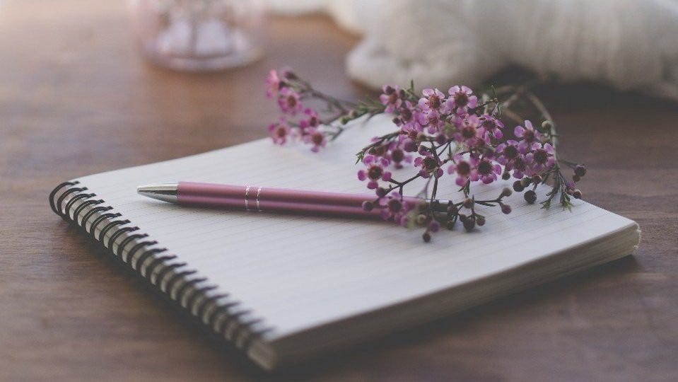 Small purple flowers and a pink metallic pen on top of an open spiral notebook