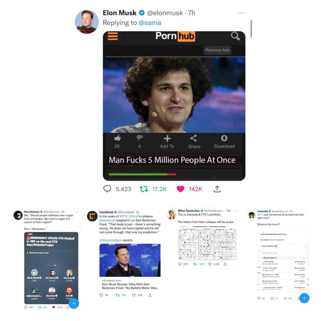 screenshots of selected retweets from the last few hours on Elon Musk's Twitter