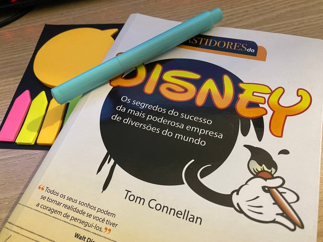 Livro Disney: Os Segredos do sucesso da mais poderosa empresa de diversões do mundo. Autor: Tom Connellan. Na foto tem uma caneta em cima do livro e post-its ao fundo.