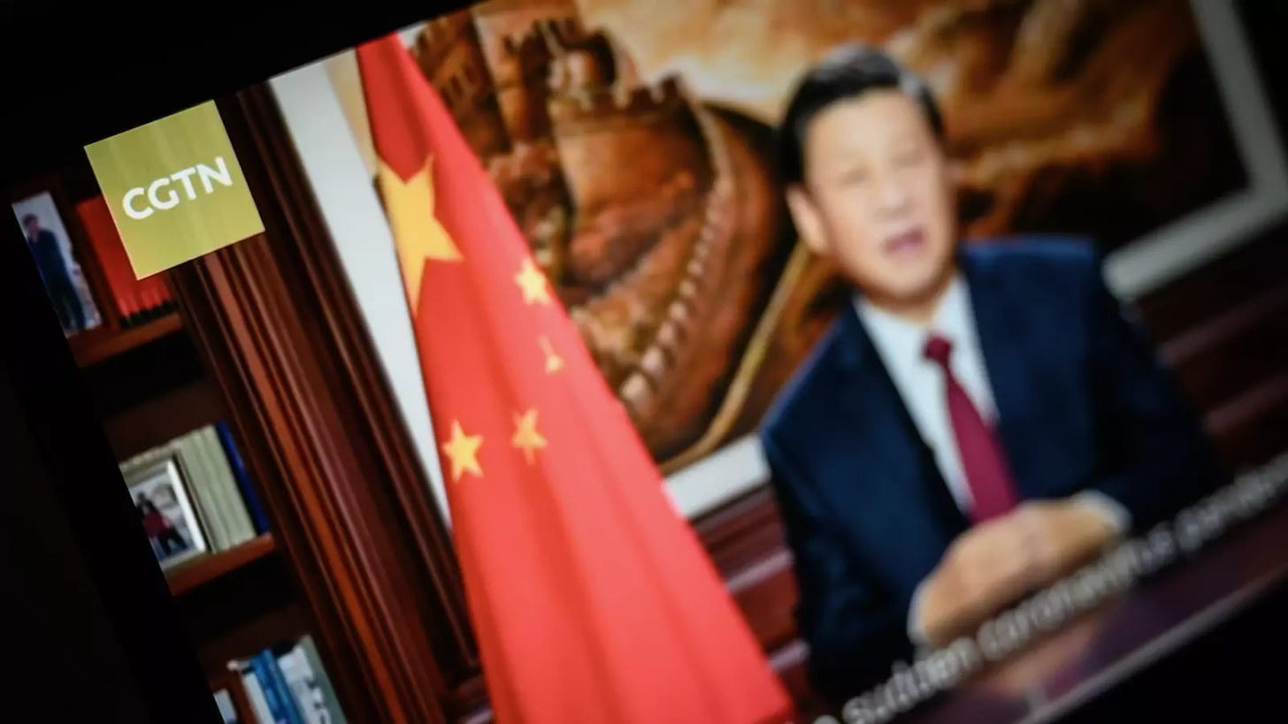 Chinese state media company CGTN broadcasts a speech by Chinese President Xi Jinping.