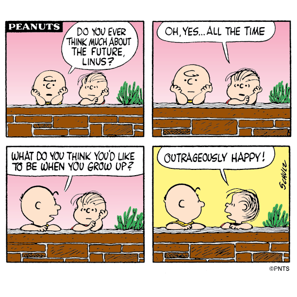 Perk up your Tuesday: Be outrageously happy | Peanuts comic strip, Charlie  brown cartoon, Charlie brown comics