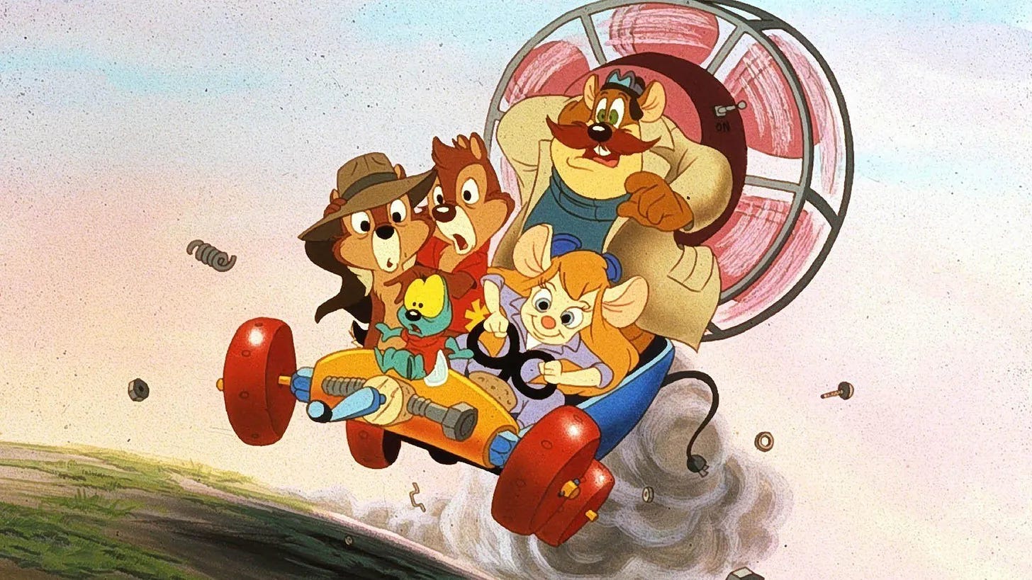 An illustration depicting anthropomorphic animals - two squirrels, two mice, and a fly - driving a vehicle made up of a skate and a fan