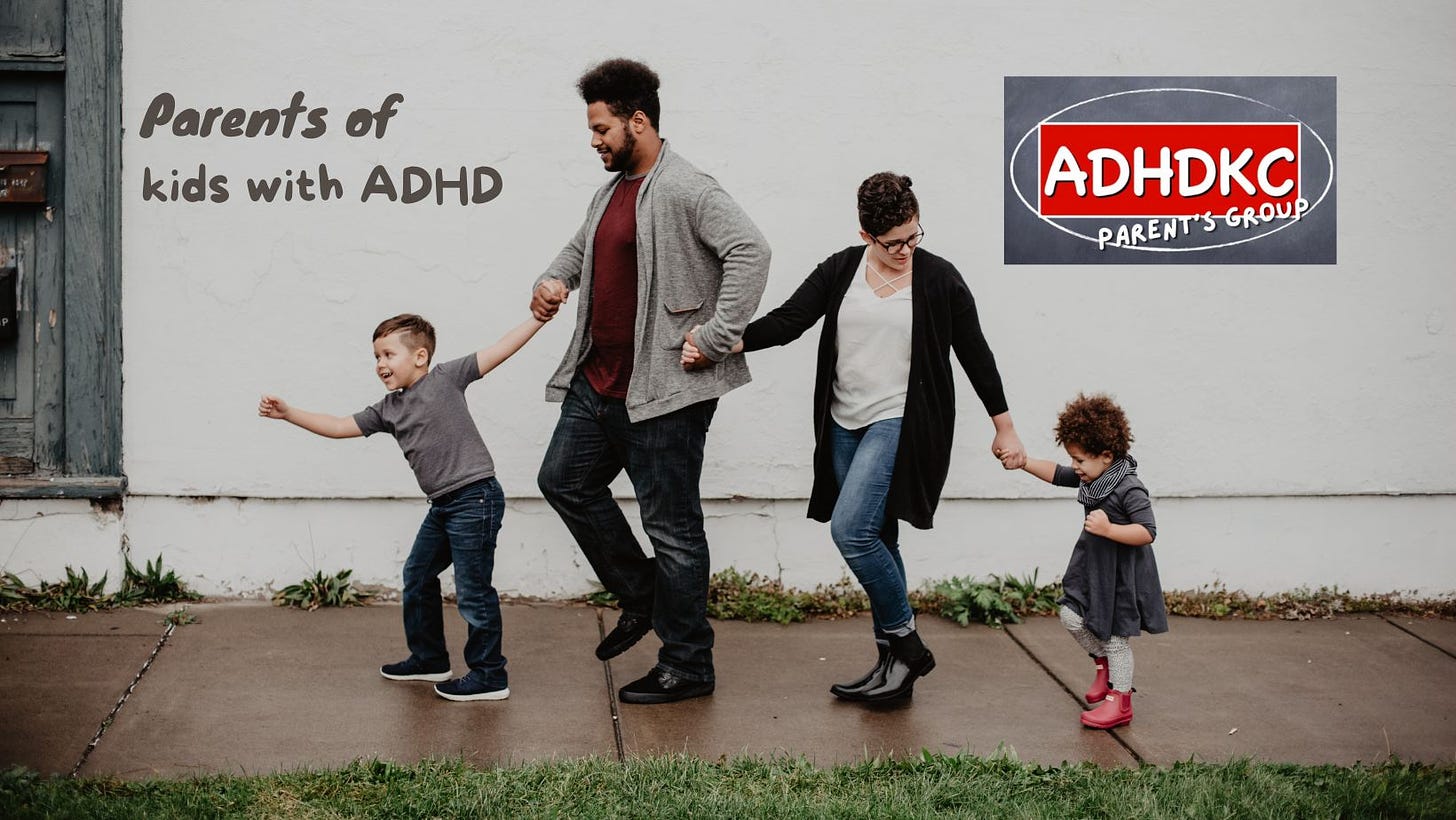 Banner heading for the Parents of kids with ADHD section. It is a picture of a family all holding hands. The boy child has his arm extended forward, as if trying to run away. His father appears to be holding him back, then the mother and daughter are all following.