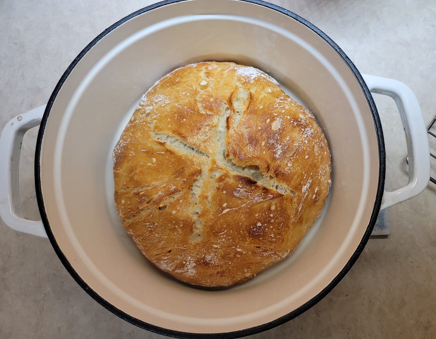 A loaf of bread sitting in a white Dutch oven pot on a kitchen counter.