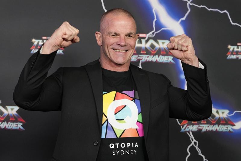 Former Australian rugby league player Ian Roberts gestures during a red carpet event for the movie premiere of "Thor: Love and Thunder" at the Entertainment Quarter in Sydney, Australia, Monday, June 27, 2022. Roberts, who in the 1990s was the first high-profile rugby league player to come out as gay, said he was not surprised, Tuesday July 26, 2022, that seven Manly Sea Eagles players withdrew from a National Rugby League match because they're unwilling to wear their club's inclusion jersey. (AP Photo/Mark Baker)