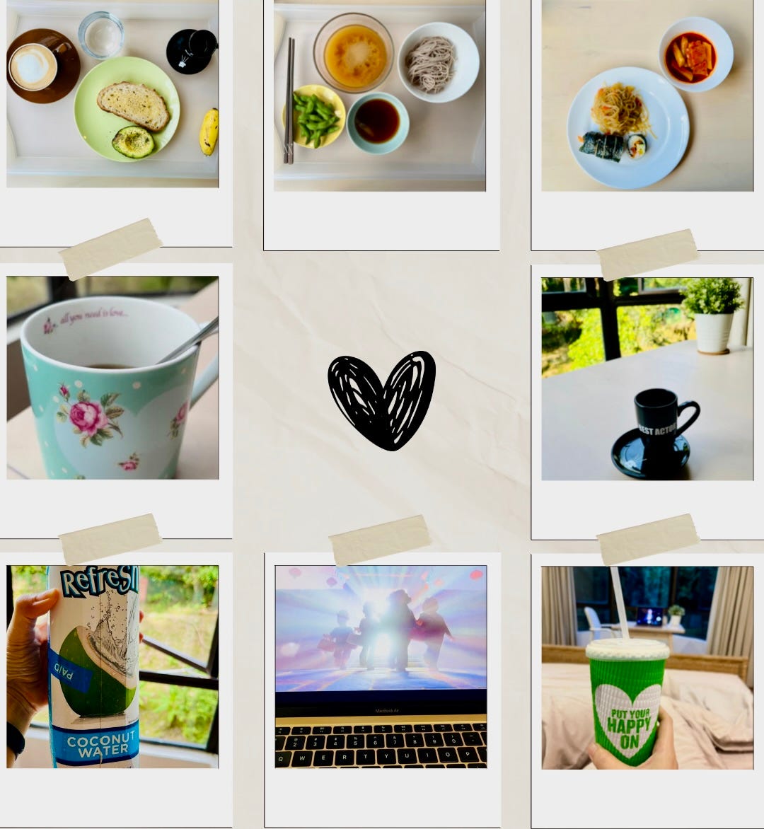 Image: I did a photo collage of the love and care demonstrated by my husband (main caregiver) and friends. 3 photos of meals, 2 photos of drinks in a cup, 1 photo of fruit juice, 1 photo of coconut water drink, and 1 photo of a movie showing on a laptop.