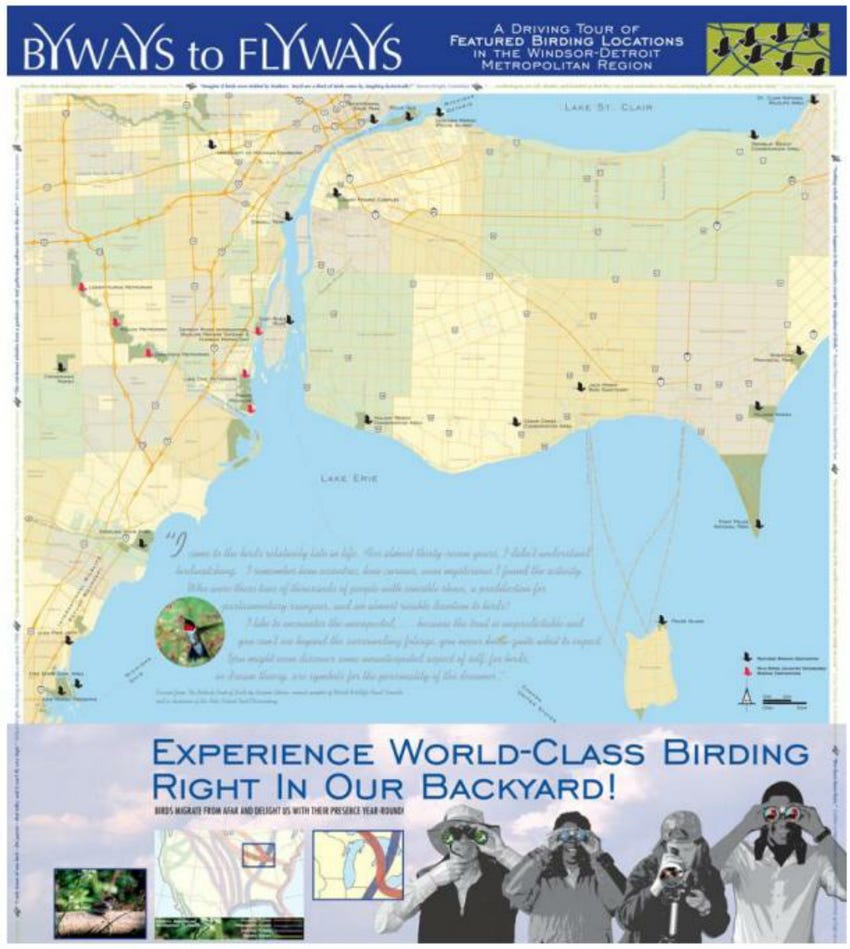 image of a bird tour driving map along the Detroit River and western basin Lake Erie