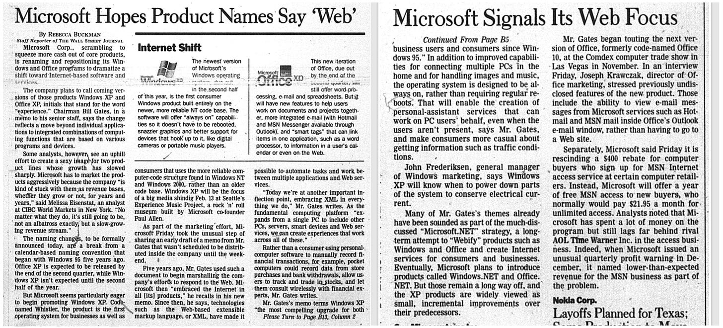 WSJ headline "Microsoft Hopes Product Names Say 'Web'
