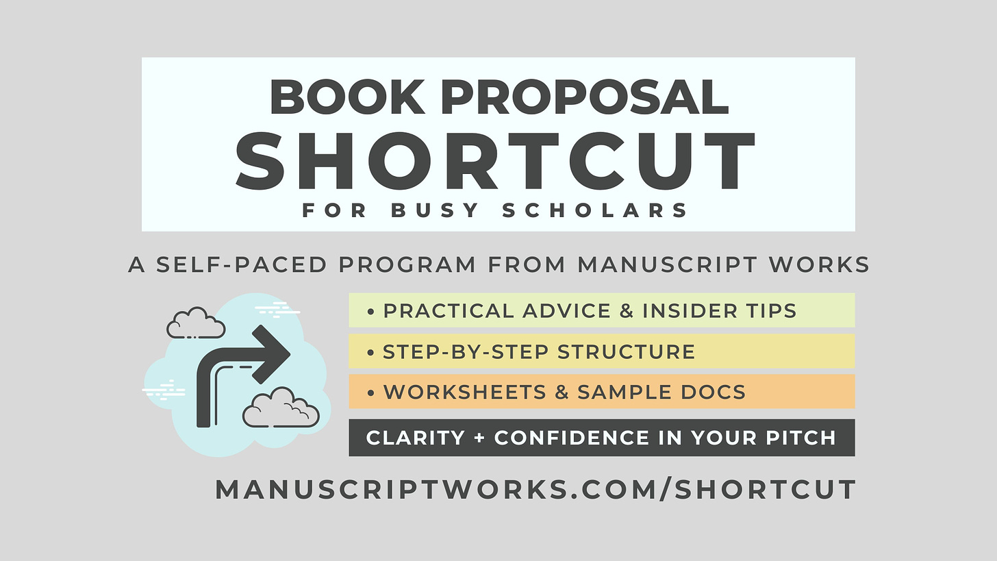 Info logo about the Book Proposal Shortcut for Busy Scholars. Practical Advice and insider tips; step by step structure; worksheets and sample documents; clarity and confidence in your pitch.