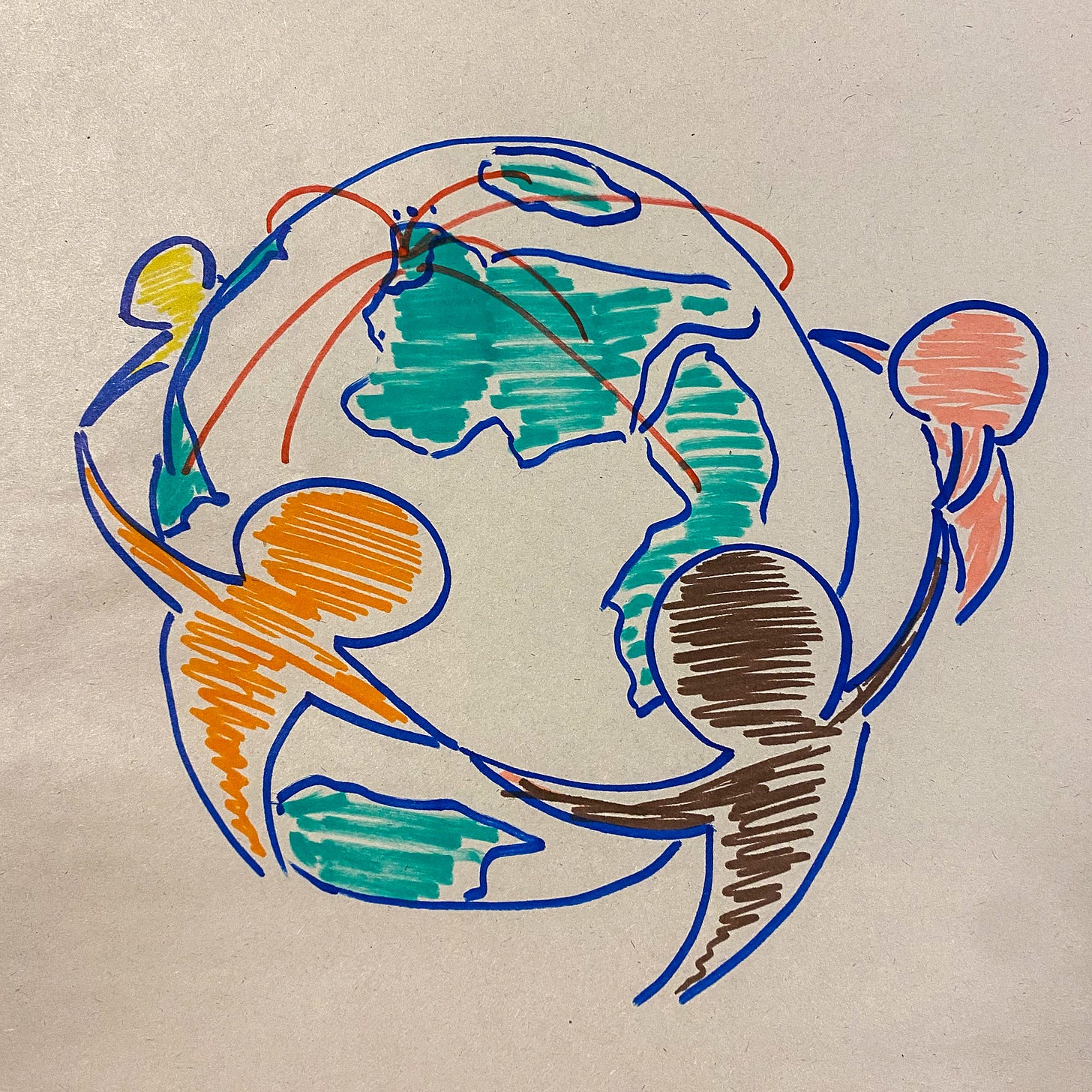A hand-drawn image of the world with people holding hands around it