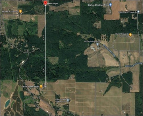 The vineyards and wineries near Mount Pisgah, Polk County, Oregon from Google Maps.