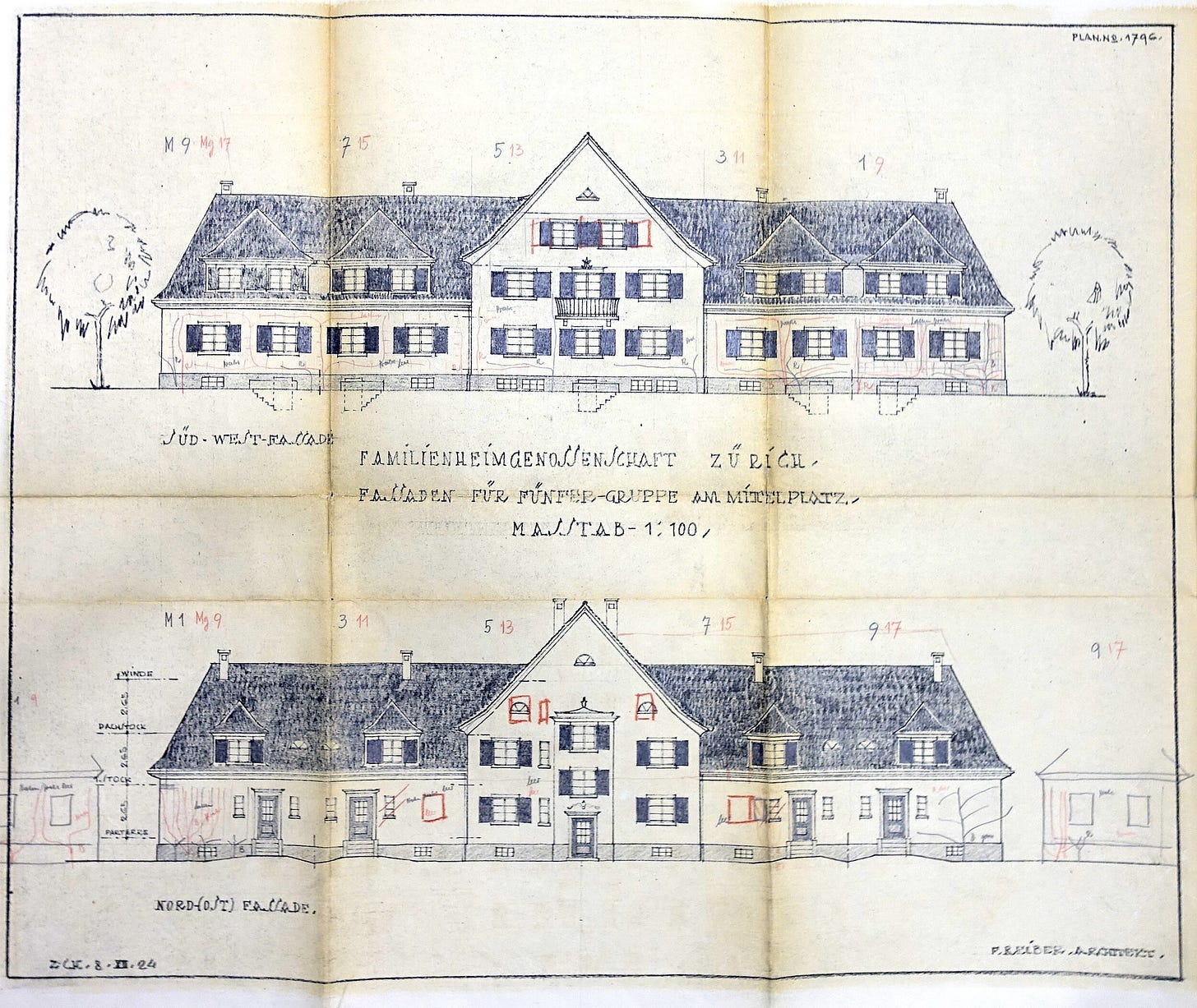 Figure 3. The Familienheim Genossenschaft Zürich is one of the first cooperative organizations to emerge in the 1920s to provide housing for working-class families on the outskirts of Switzerland’s largest and rapidly industrializing city. The elevation drawing of a five-unit building by architect F. Reiber shows the traditional  Heimatstil -architecture favored at the time. Courtesy of FGZ Archiv.