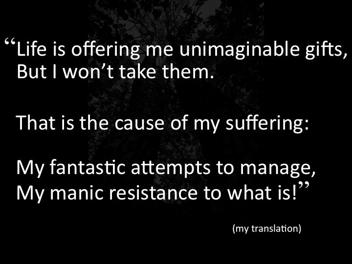 "Life is offering me unimaginable gifts, but I won't take them. That is the cause of my suffering: My fantastic attempts to manage, my manic resistance to what is!"