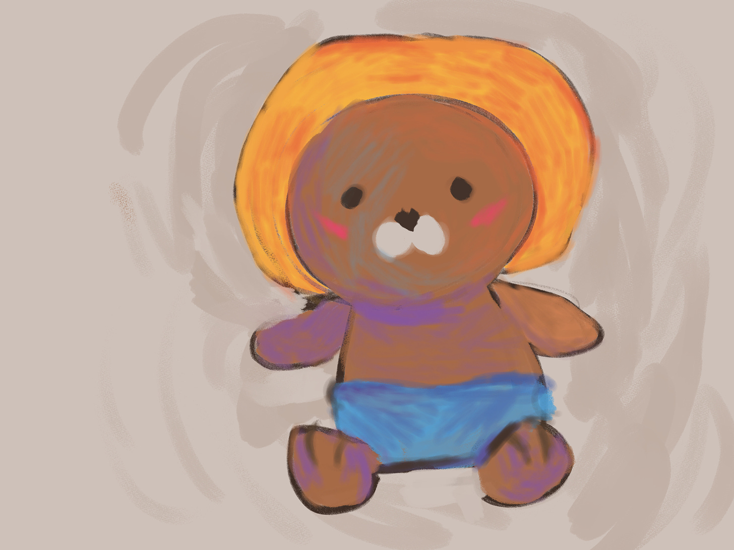 painting of a stuffed dog with blonde fuzzy hair and blue underwear