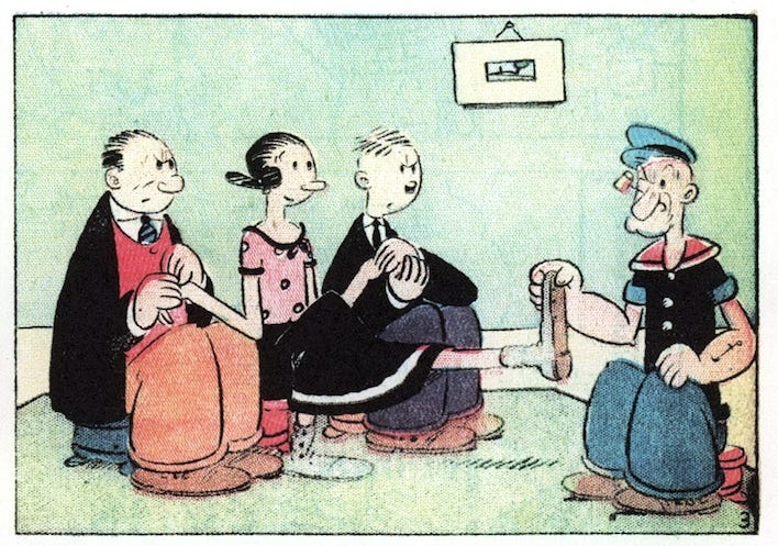 Popeye waiting patiently with two other men for Olive Oyl's affections.