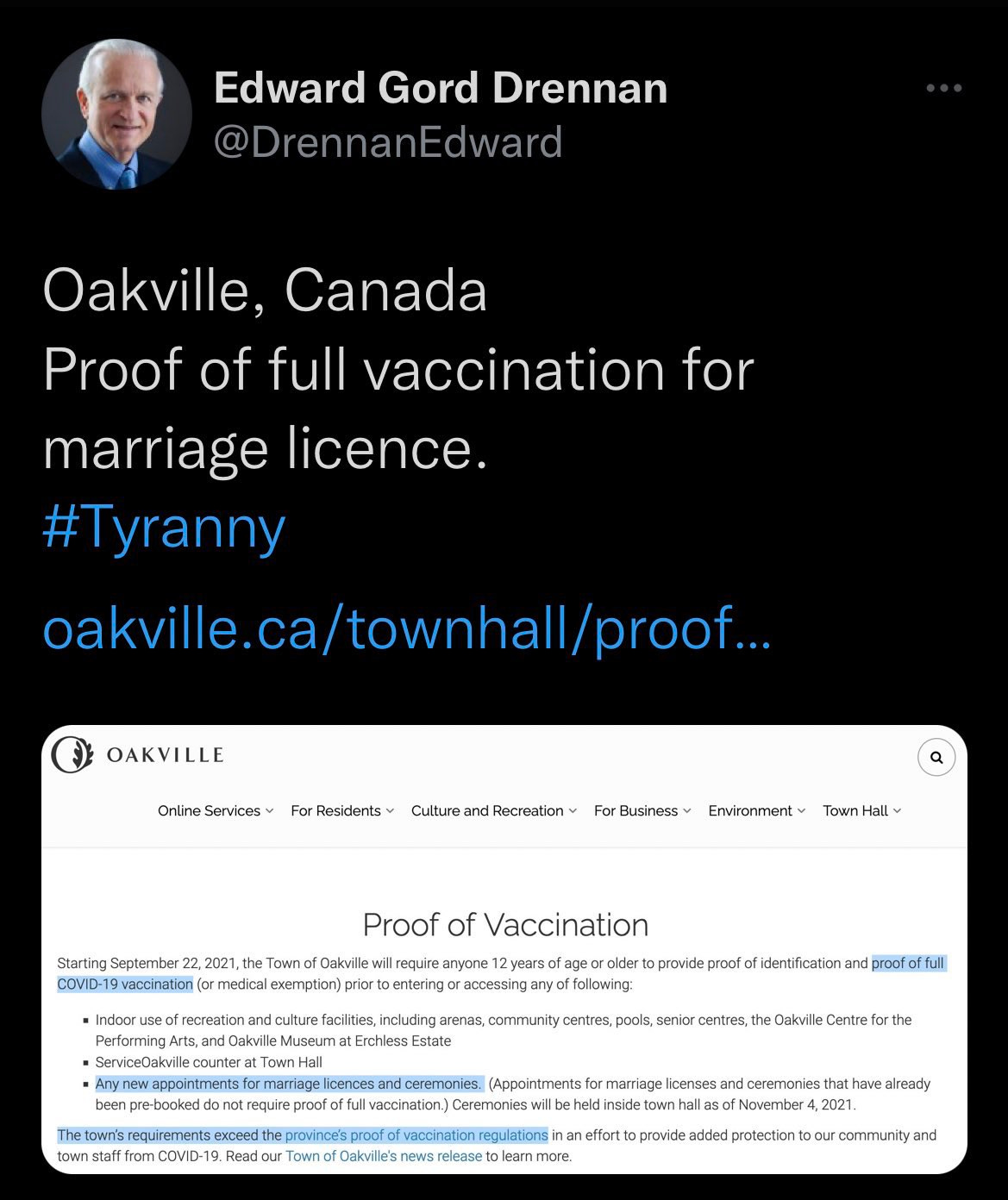Oakville, Canada, requiring proof of vaccination to apply for a marriage license