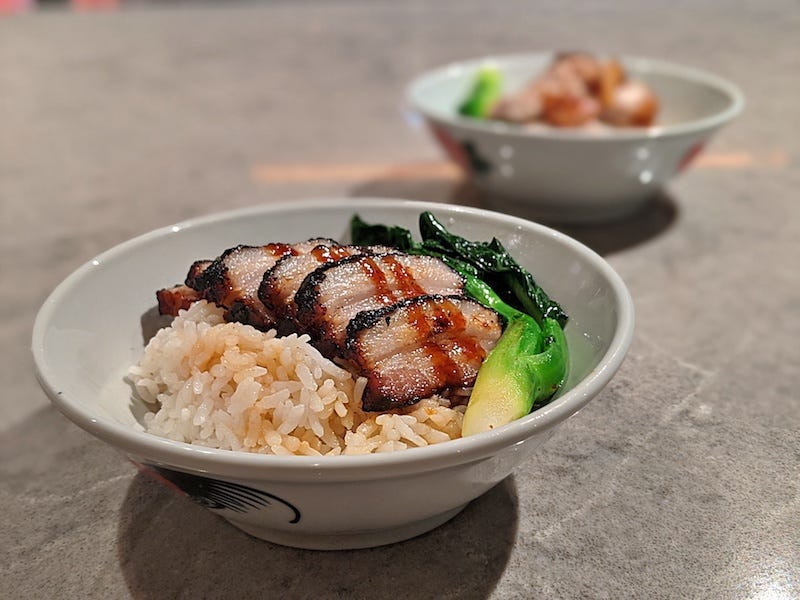 Black Char Siew Rice and Crispy Pork Roll Rice