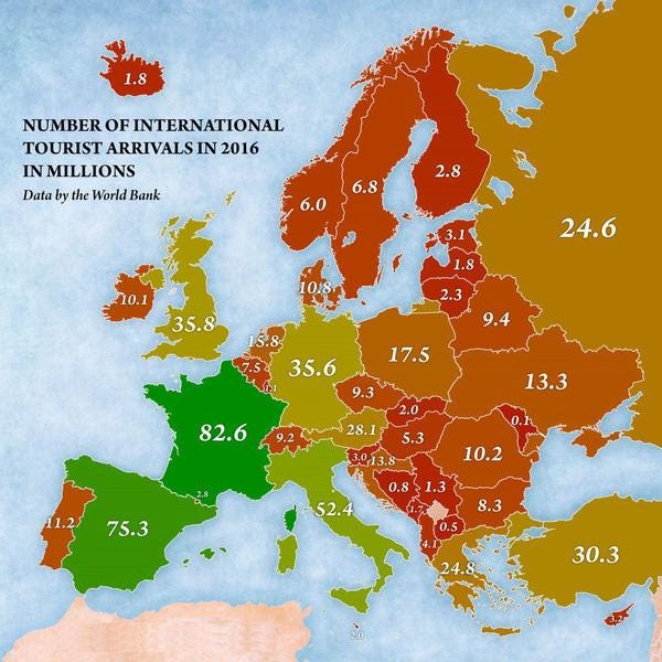 Кількість іноземних туристів (млн), які відвідали країни Європи у 2016 році (World Bank)
