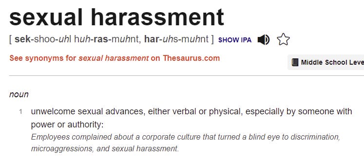 Snip of definition of sexual harassment from dictionary.com