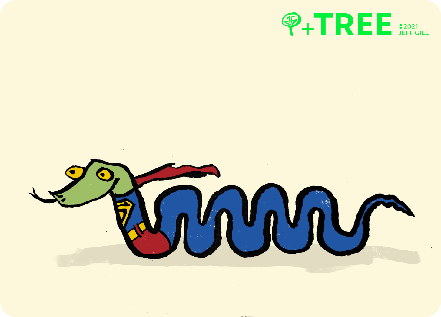 Illustration of a green snake in a Superman costume posing in a wavy stance