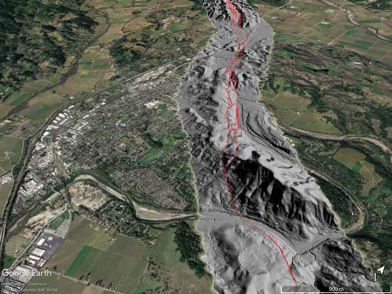 A Google Earth™ image showing the principal zone of faulting (in red) near the town of Healdsburg.