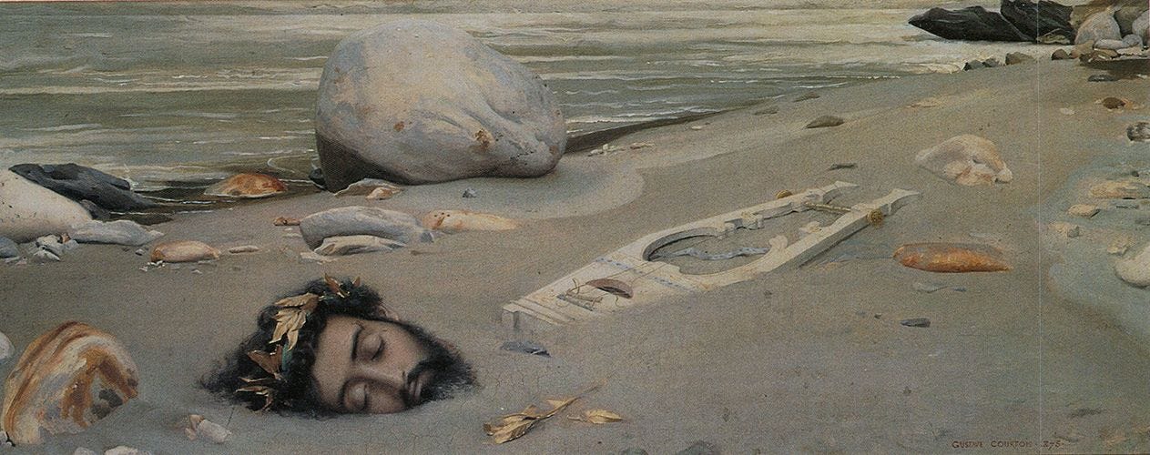 Peinture  figurant la  tête  décapitée  d'Orphée,  échouée  sur  une  plage  de  l'île  de Lesbos. Il semble dormir, sa couronne de lauriers dorée toujours posée sur sa tête, sa lyre enfoncée dans le sable à côté de lui.